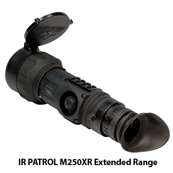 Rear angle view of a Trijicon IR-Patrol M250XR extended range thermal monocular.