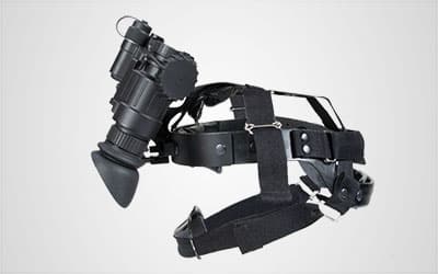 Armasight BNVD night vision binoculars shown with head harness