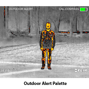 Photo showing a thermal image of a man using the outdoor alert palette feature.