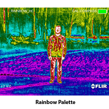 Photo showing a thermal image of a man using the rainbow palette feature.