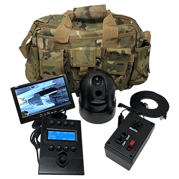 US Night Vision ATAC 362° thermal camera shown with all included accessories and carrying bag.