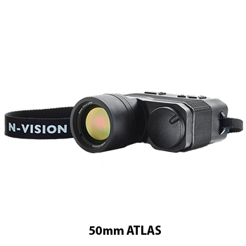 Front angle view of the N-Vison ATLAS 50mm thermal binocular with strap attached.