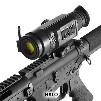 Angle view of a N-Vision HALO thermal weapon sight shown attached to a AR-15 style rifle.