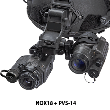 N-Vision NOX18 and PVS-14 dual setup shown mounted to a helmet.