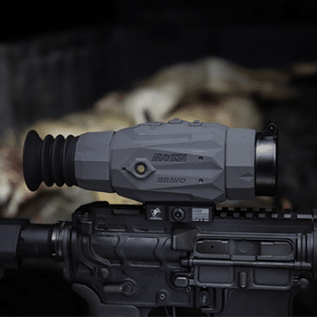iRayUSA RICO BRAVO thermal rifle scope shown mounted to an AR-15 style rifle.