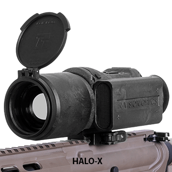 Angle view of a N-Vision HALO-X thermal weapon sight shown mounted to a thermal weapon sight.