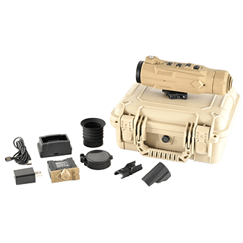 iRayUSA RICO ALPHA thermal rifle scope shown with hard carrying case and included accessories.