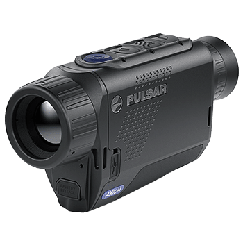 Front angle view of a Pulsar Axion XM30F compact thermal monocular.