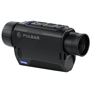 Side angle view of a Pulsar Axion XM30F compact thermal monocular.