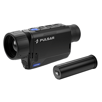 Pulsar Axion XM30F compact thermal monocular shown next to the battery.
