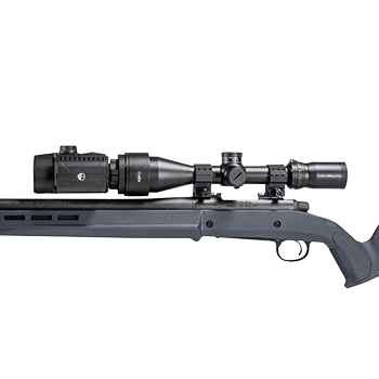 Photo showing the Pulsar Krypton FXG50 thermal front attachment mounted in scope mount configuration on a rifle.