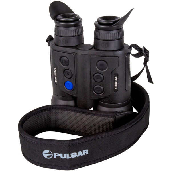 Front view of the Pulsar Merger LRF thermal binoculars pictured with neck strap.