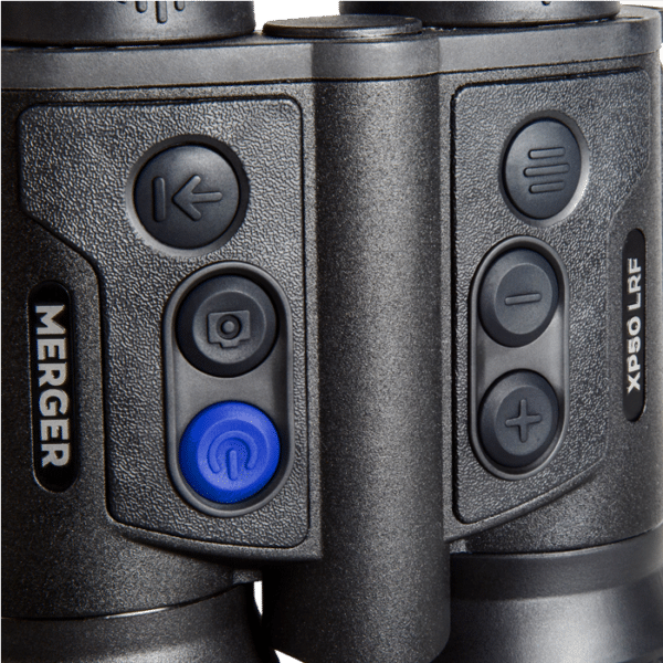 Close-up view of the Pulsar Merger LRF thermal binocular controls.