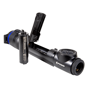 Pulsar Talion XQ38 thermal riflescope shown next to a APS5 battery pack.