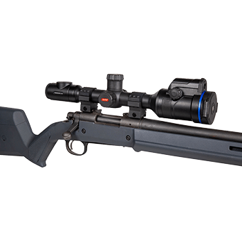 Pulsar Thermion Duo thermal riflescope shown mounted on a bolt-action rifle.