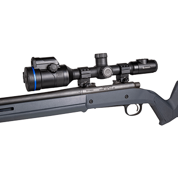 Pulsar Thermion Duo thermal riflescope shown mounted on a bolt-action rifle.
