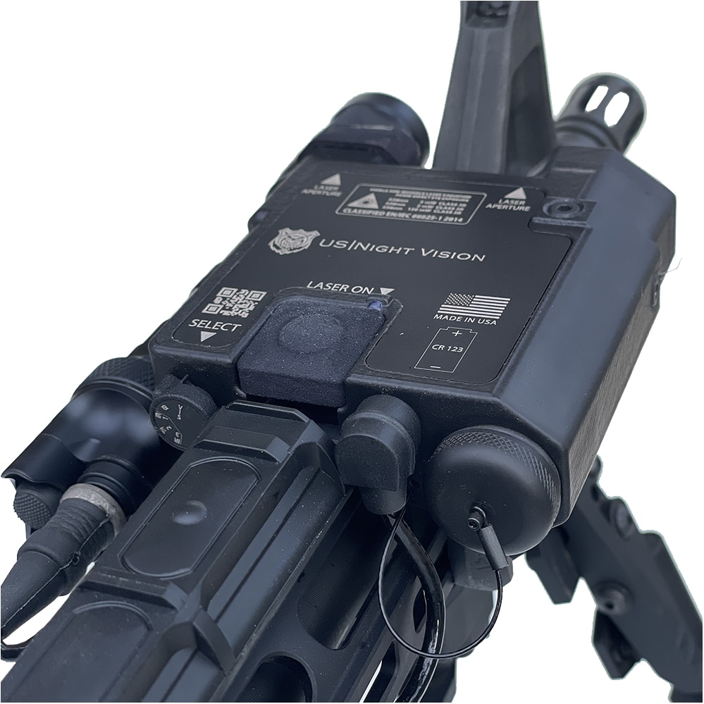 US Night Vision Designate IR-V shown mounted to the front of an AR-15 style rifle.