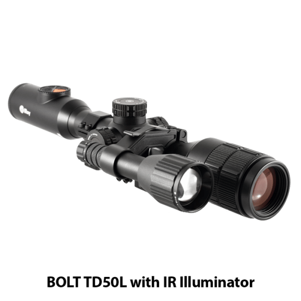 InfiRay Outdoor BOLT TD50L shown from a front angle view with a IR illuminator mounted to it.