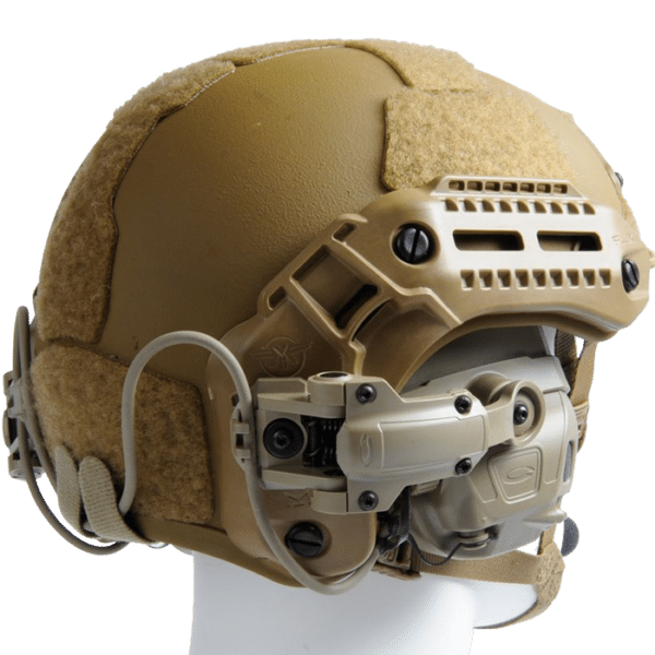 Photo showing a Team Wendy helmet with AMP headset attached.