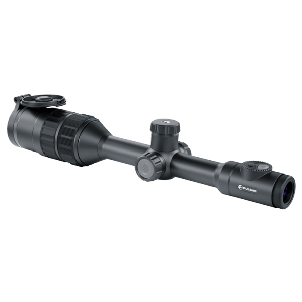 Rear facing side angle view of a Pulsar Digex C50 digital night vision riflescope.