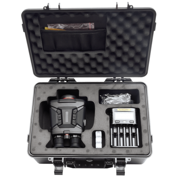 AGM Voyage thermal fusion binoculars shown inside the hard case with all included accessories.