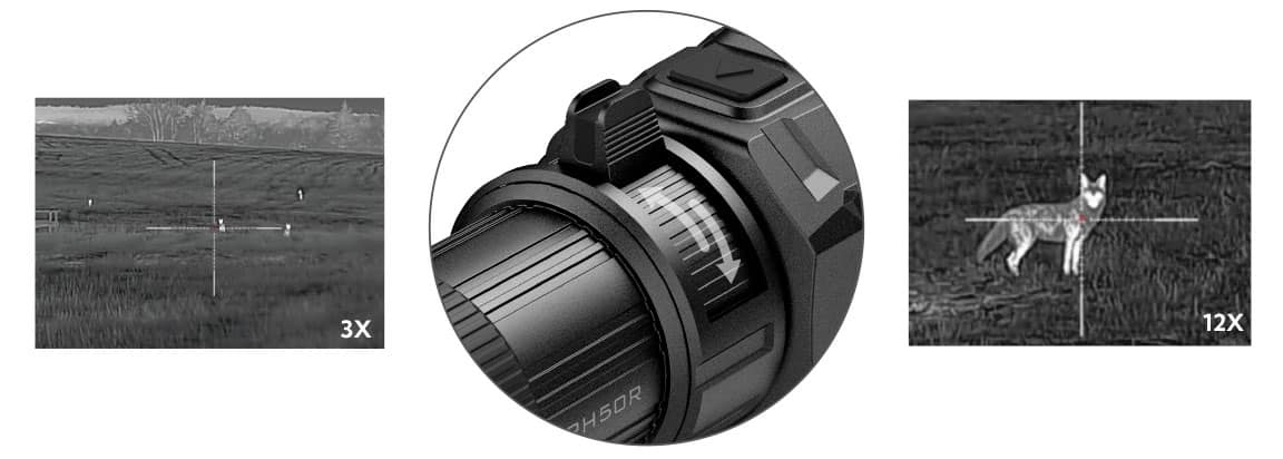 Photo showing various feature callouts of the InfiRay Outdoor RICO Mk2 LRF thermal weapon sight.