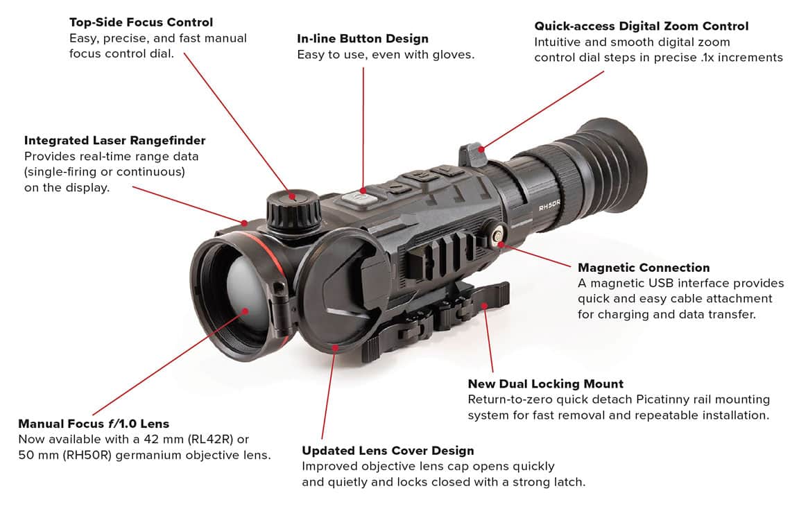 Photo showing various feature callouts of the InfiRay Outdoor RICO Mk2 LRF thermal weapon sight.